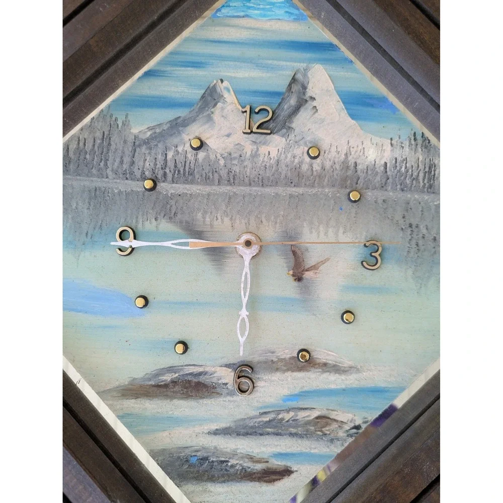 Hootin Hollow Studio Wood Diamond Wall Clock Painted‎ Mountain Mirror Face